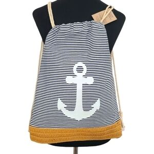 Trïbe Canvas & Rattan Nautical Blue & White Striped Drawstring Backpack NWT